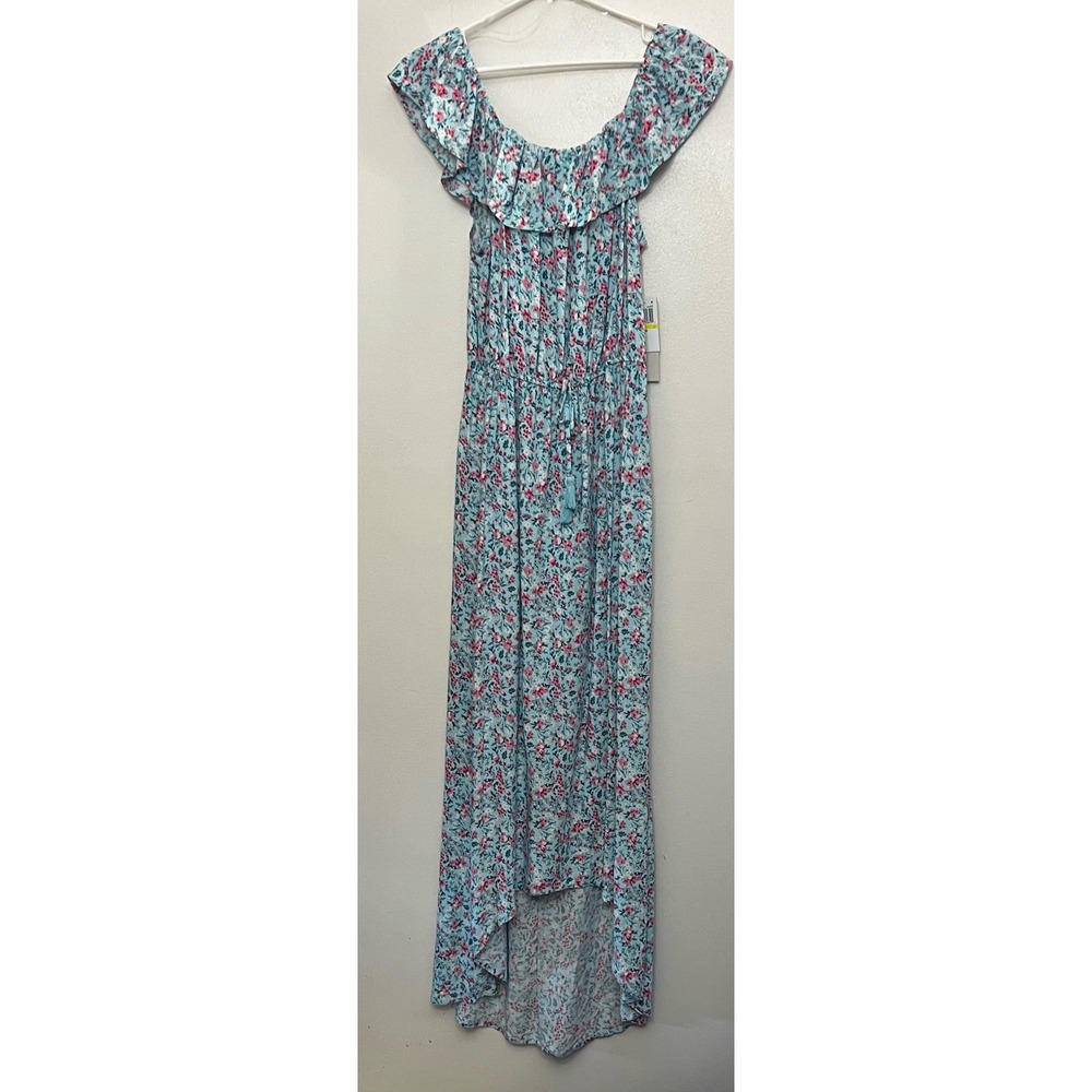 Kingston Grey Day Maxi Dress Medium Turquoise Pink Floral Off Shoulder Hi Low